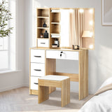 Oikiture Dressing Table Stool Set Slide Mirror LED Bulbs Wooden White - Top-Down View