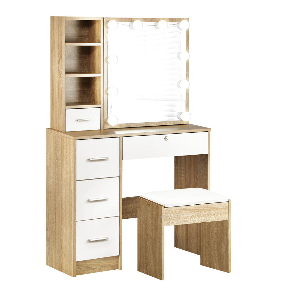 Oikiture Dressing Table Stool Set Slide Mirror LED Bulbs Wooden White