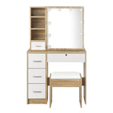 Oikiture Dressing Table Stool Set Slide Mirror LED Bulbs Wooden White - Close-Up Angle