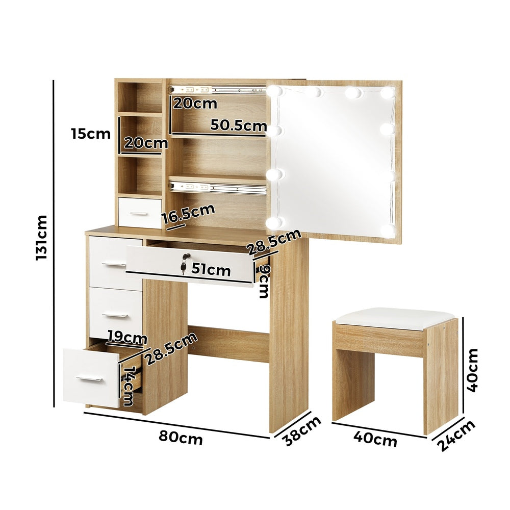 Oikiture Dressing Table Stool Set Slide Mirror LED Bulbs Wooden White