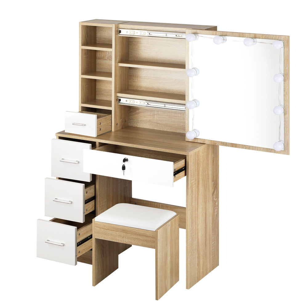 Oikiture Dressing Table Stool Set Slide Mirror LED Bulbs Wooden White