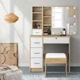 Oikiture Dressing Table Stool Set Slide Mirror LED Bulbs Wooden White - Front View