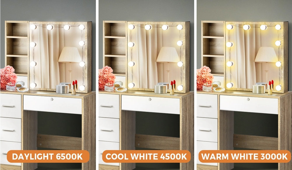 Oikiture Dressing Table Stool Set Slide Mirror LED Bulbs Wooden White