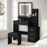 Oikiture Dressing Table Stool Set Makeup Mirror LED Light Storage Cabinet Black