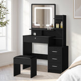 Oikiture Dressing Table Stool Set Makeup Mirror LED Light Storage Cabinet Black - Side View