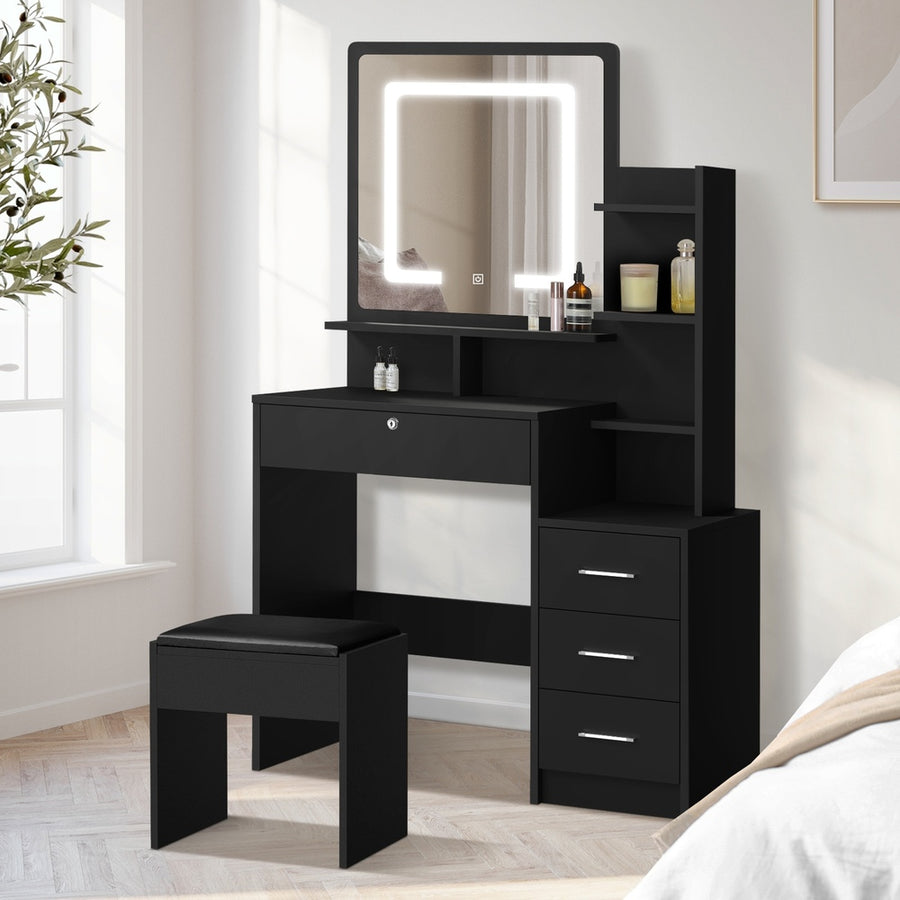 Oikiture Dressing Table Stool Set Makeup Mirror LED Light Storage Cabinet Black, LED Lights