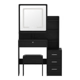 Oikiture Dressing Table Stool Set Makeup Mirror LED Light Storage Cabinet Black
