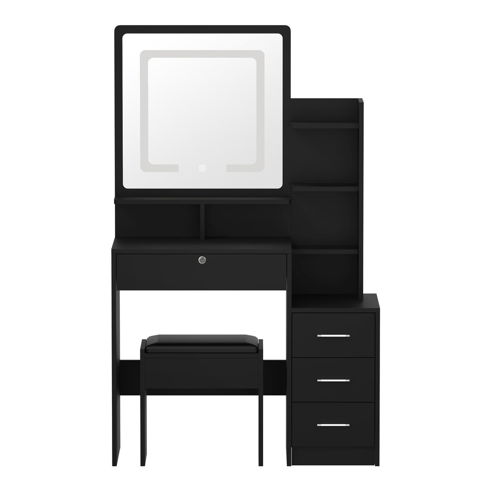 Oikiture Dressing Table Stool Set Makeup Mirror LED Light Storage Cabinet Black