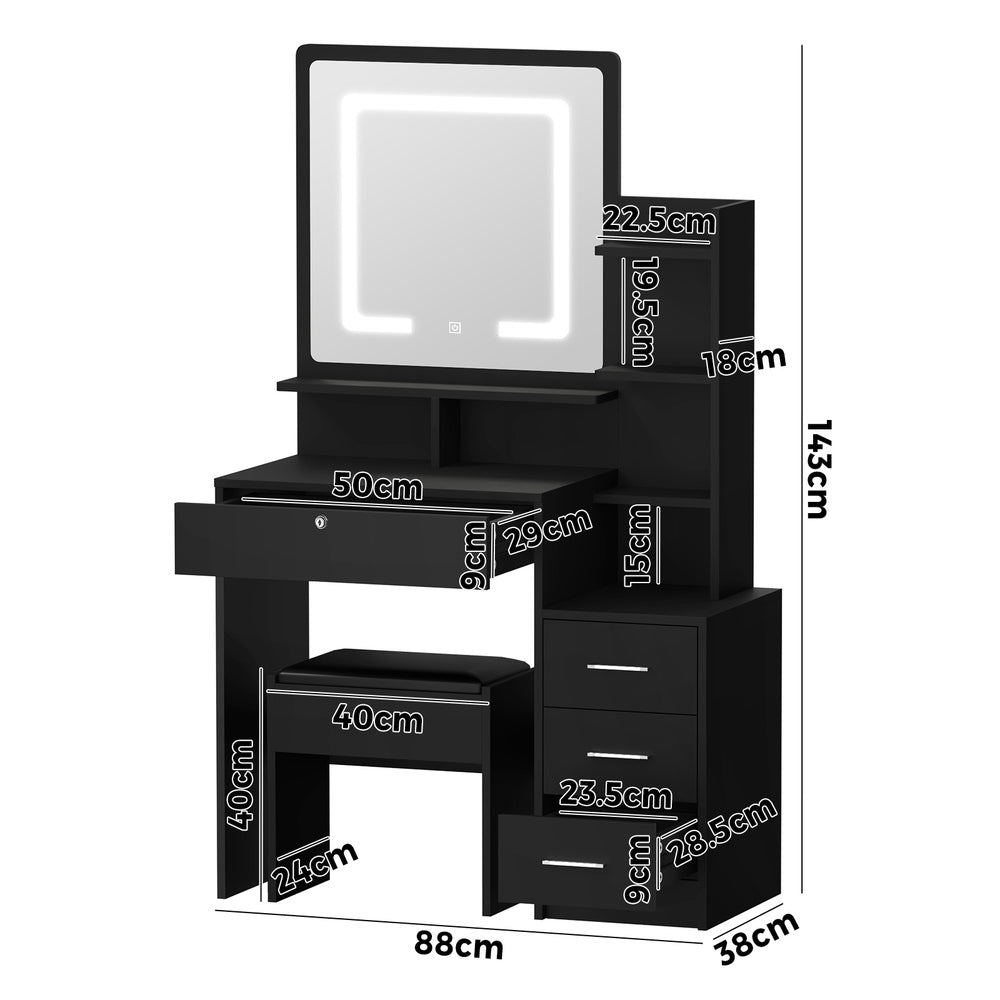 Oikiture Dressing Table Stool Set Makeup Mirror LED Light Storage Cabinet Black