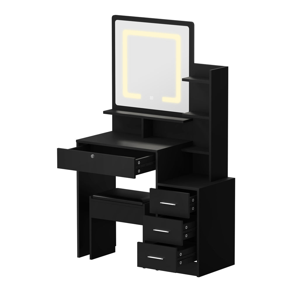 Oikiture Dressing Table Stool Set Makeup Mirror LED Light Storage Cabinet Black