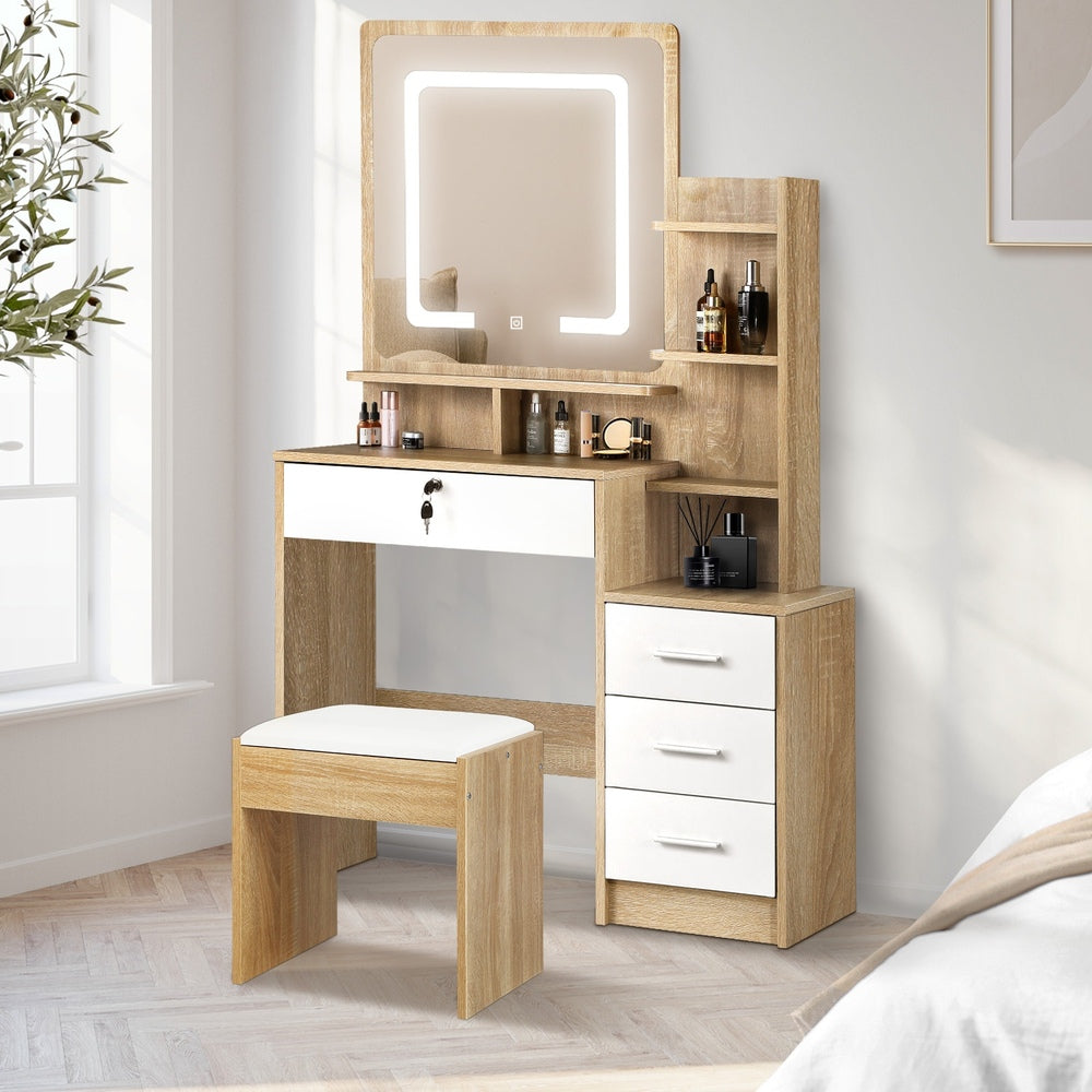 Oikiture Dressing Table Stool Set LED Light Mirror Wooden White