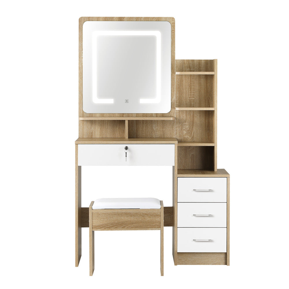 Oikiture Dressing Table Stool Set LED Light Mirror Wooden White