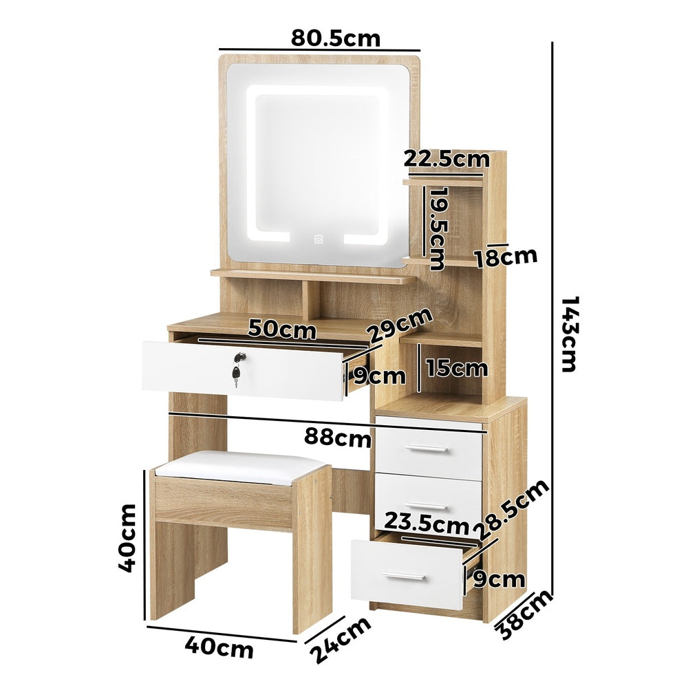 Oikiture Dressing Table Stool Set LED Light Mirror Wooden White