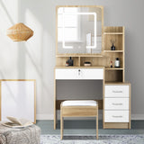 Oikiture Dressing Table Stool Set LED Light Mirror Wooden White