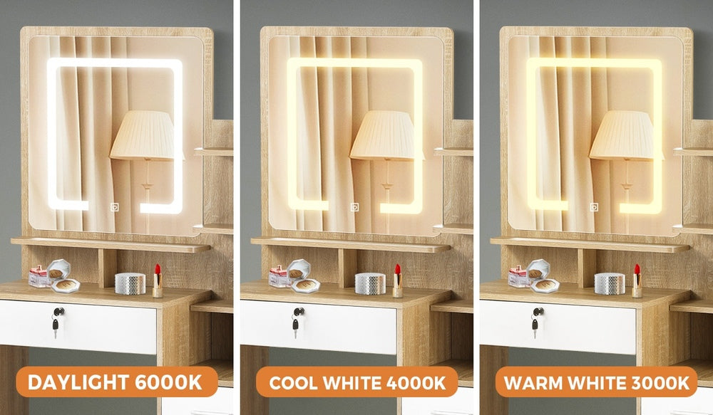 Oikiture Dressing Table Stool Set LED Light Mirror Wooden White