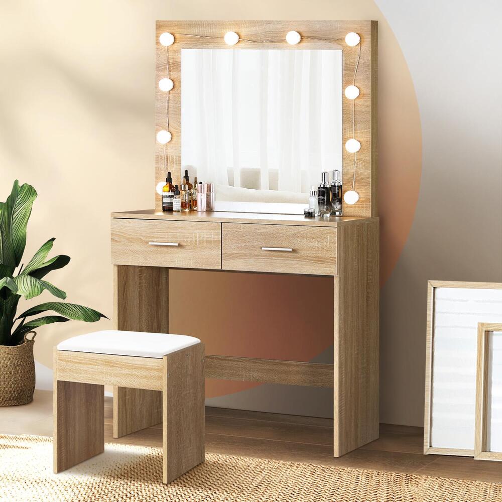 Oikiture Dressing Table Stool Set Makeup Mirror 10 LED Bulbs Wooden