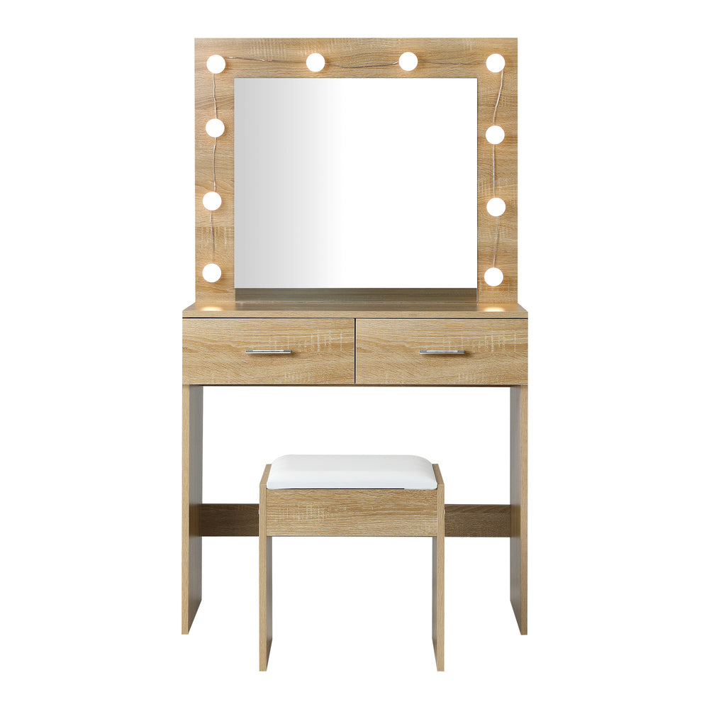 Oikiture Dressing Table Stool Set Makeup Mirror 10 LED Bulbs Wooden
