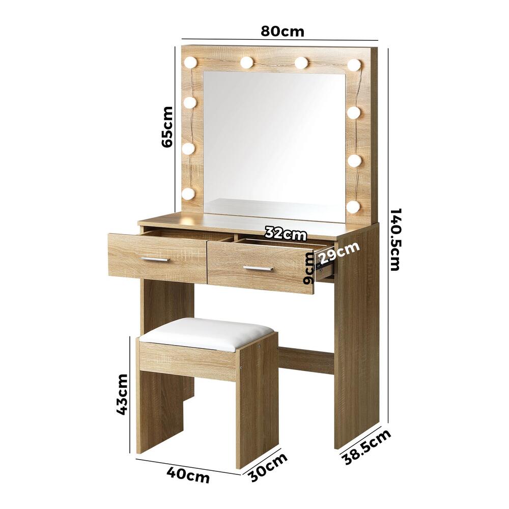 Oikiture Dressing Table Stool Set Makeup Mirror 10 LED Bulbs Wooden