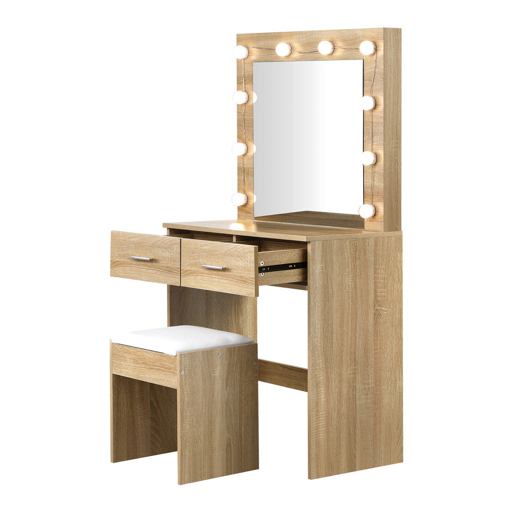 Oikiture Dressing Table Stool Set Makeup Mirror 10 LED Bulbs Wooden