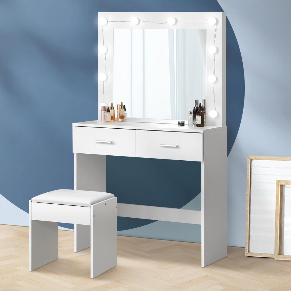 Oikiture Dressing Table Stool Set Makeup Mirror 10 LED Bulbs White