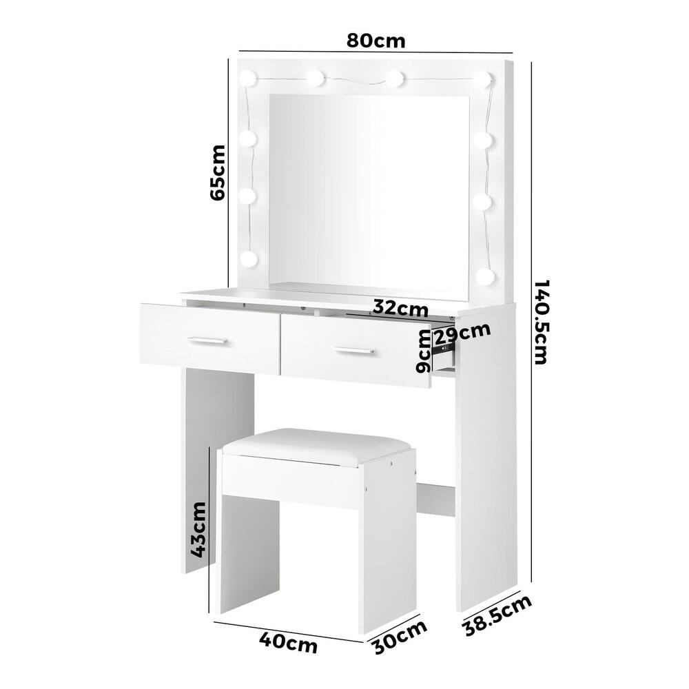 Oikiture Dressing Table Stool Set Makeup Mirror 10 LED Bulbs White