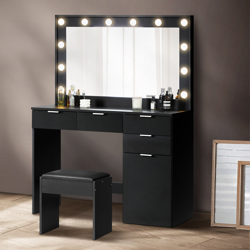 Oikiture Dressing Table Stool Set Large Mirror 12 Bulbs Black