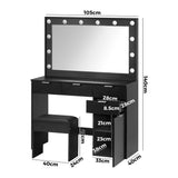 Oikiture Dressing Table Stool Set Large Mirror 12 Bulbs Black - Rear View