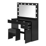 Oikiture Dressing Table Stool Set Large Mirror 12 Bulbs Black - Front View