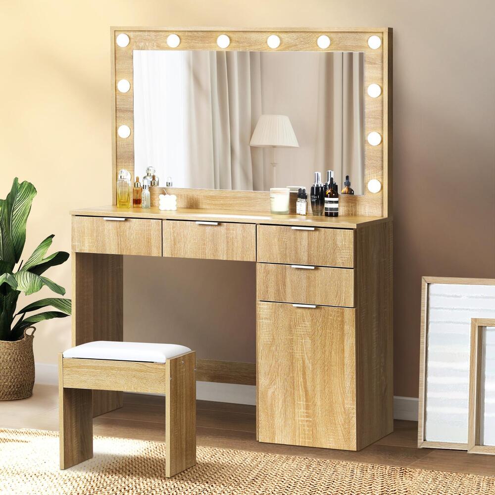 Oikiture Dressing Table Stool Set Large Mirror 12 Bulbs Oak