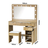 Oikiture Dressing Table Stool Set Large Mirror 12 Bulbs Oak - Top-Down View