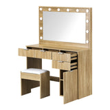 Oikiture Dressing Table Stool Set Large Mirror 12 Bulbs Oak - Rear View