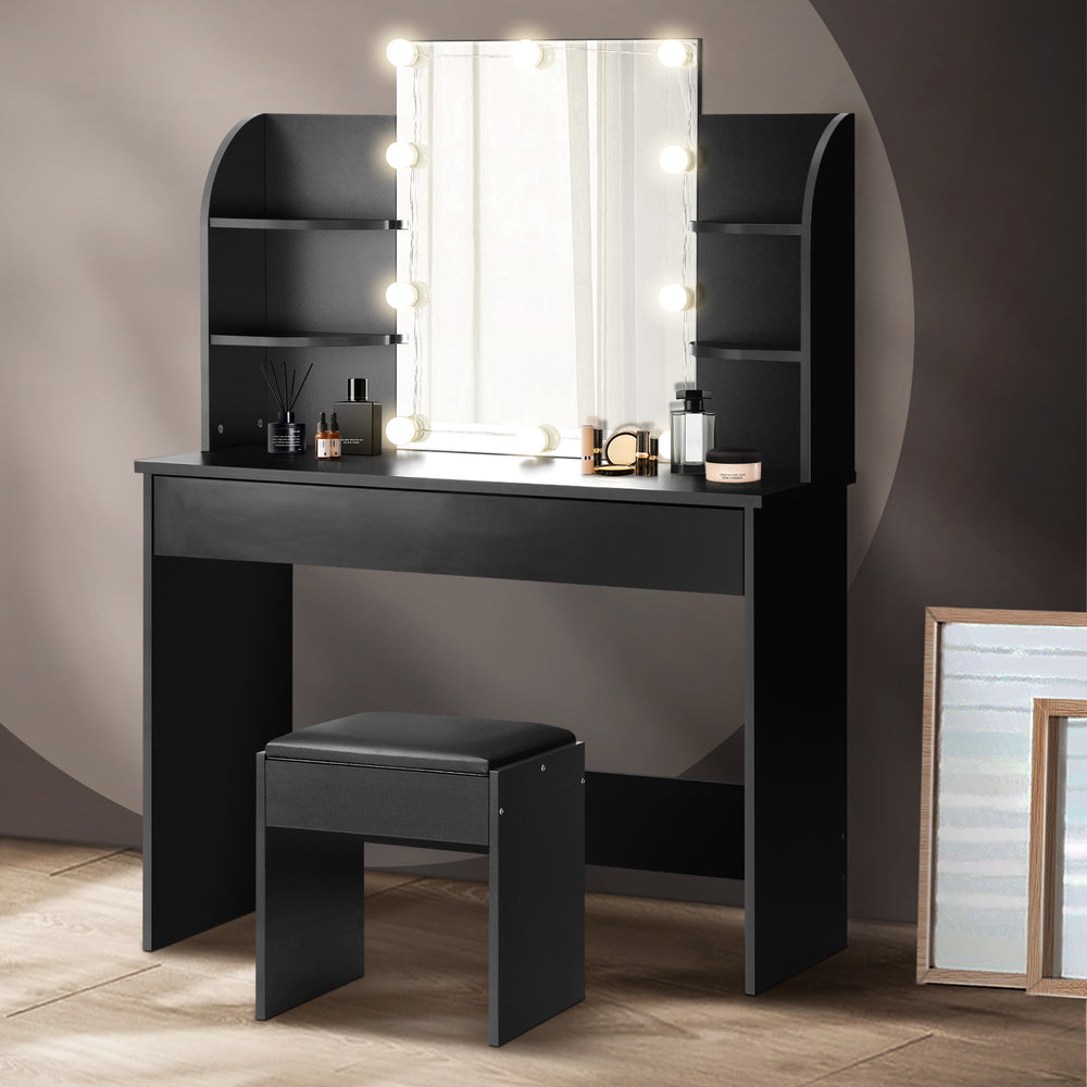 Oikiture Dressing Table Stool Set with 10 Bulbs Mirror Black