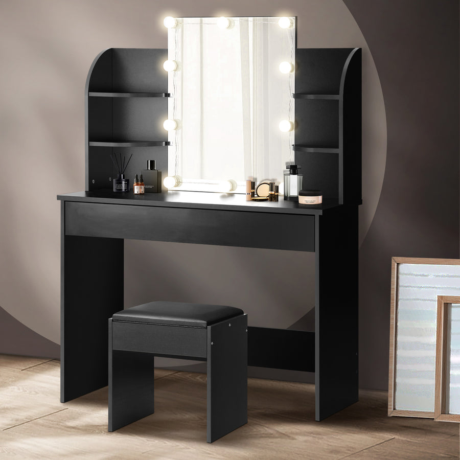 Oikiture Dressing Table Stool Set with 10 Bulbs Mirror Black