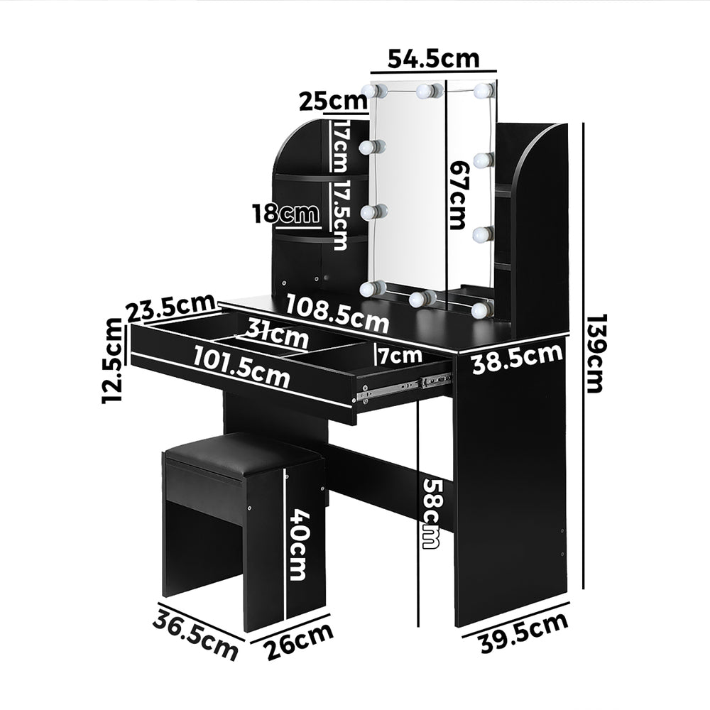 Oikiture Dressing Table Stool Set with 10 Bulbs Mirror Black