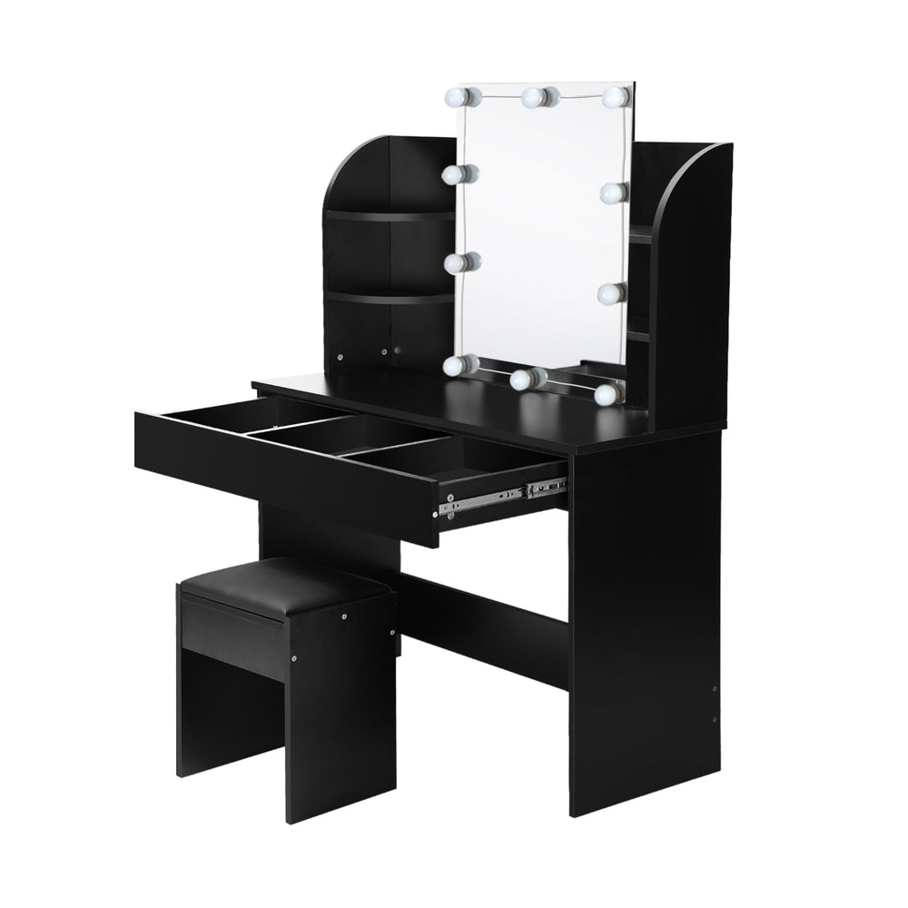 Oikiture Dressing Table Stool Set with 10 Bulbs Mirror Black