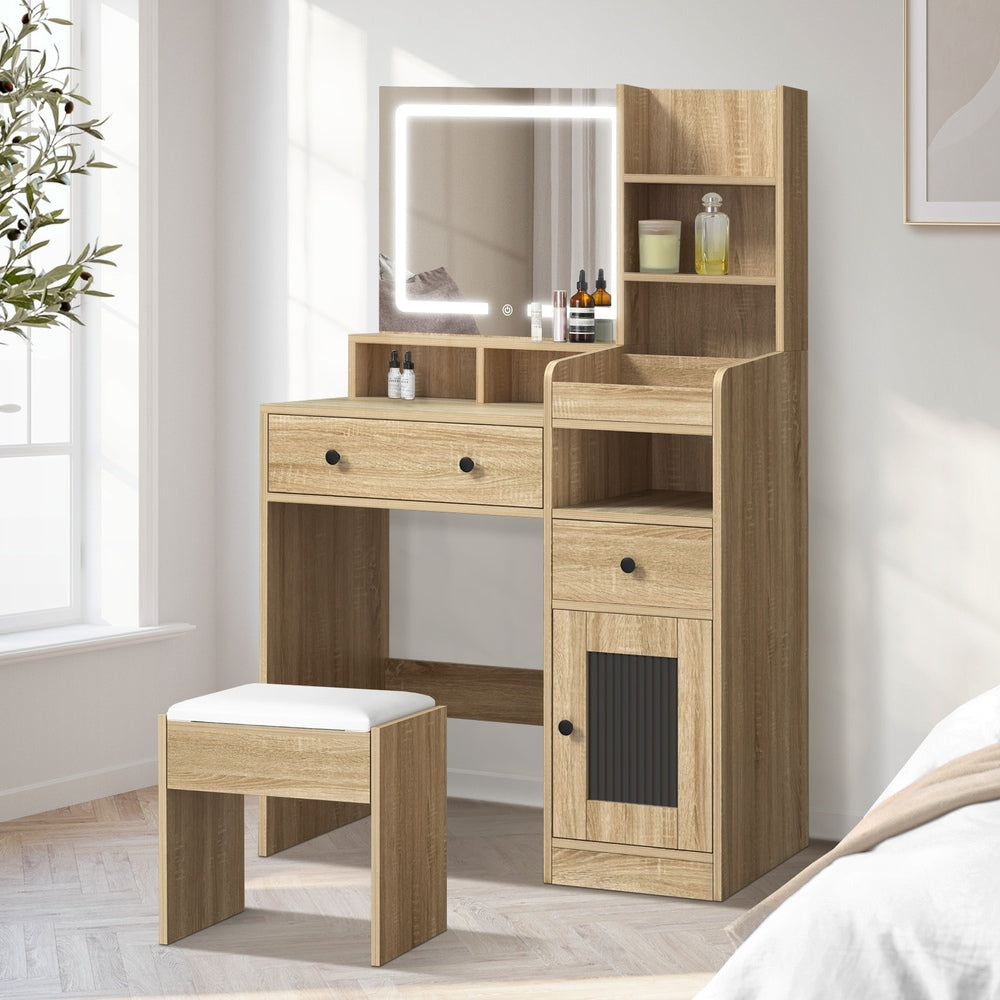 Oikiture Dressing Table Stool Set LED Light Natural