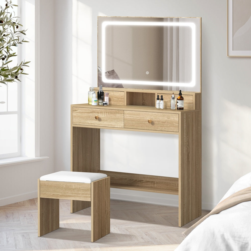 Oikiture Dressing Table Stool Set LED Mirror Natural