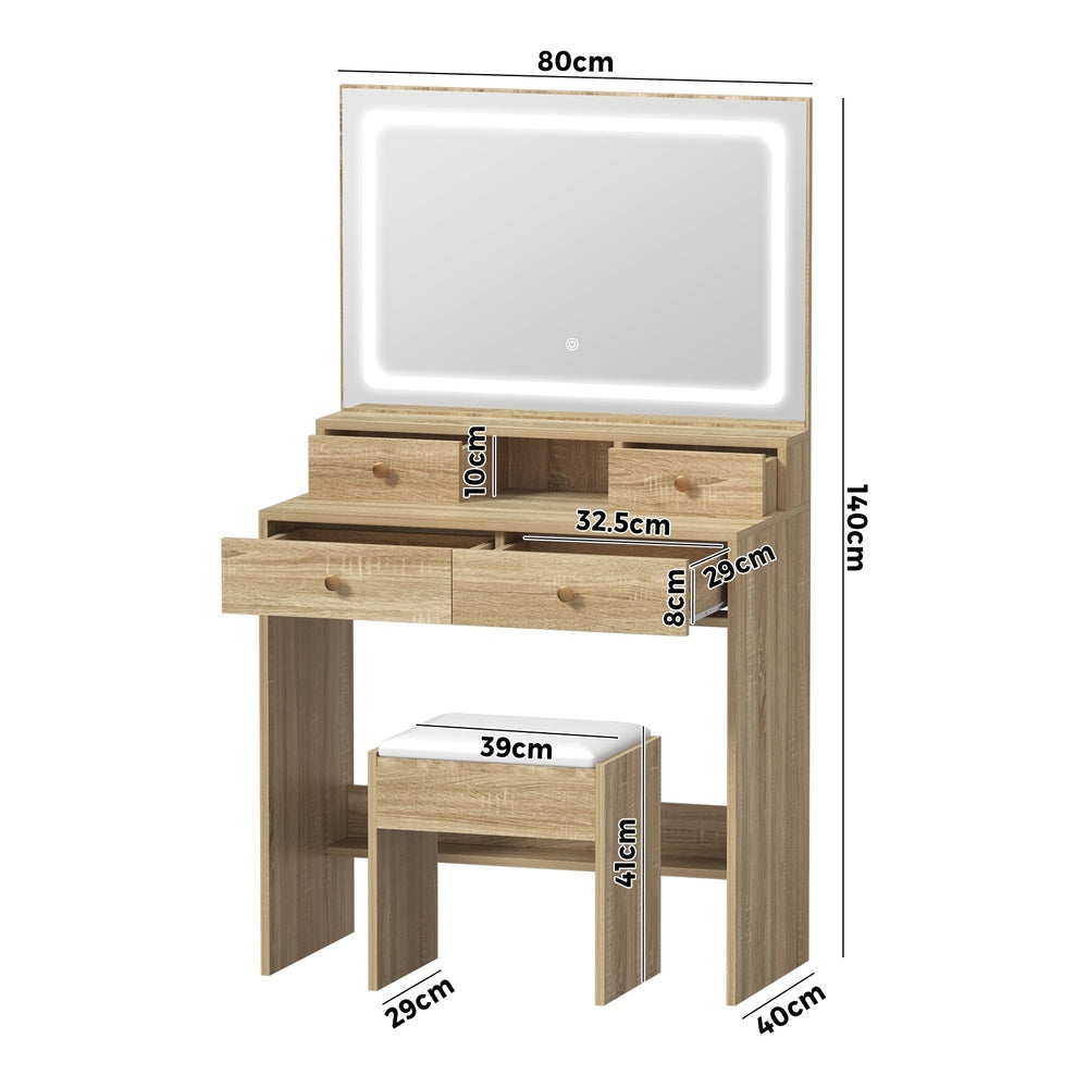 Oikiture Dressing Table Stool Set LED Mirror Natural