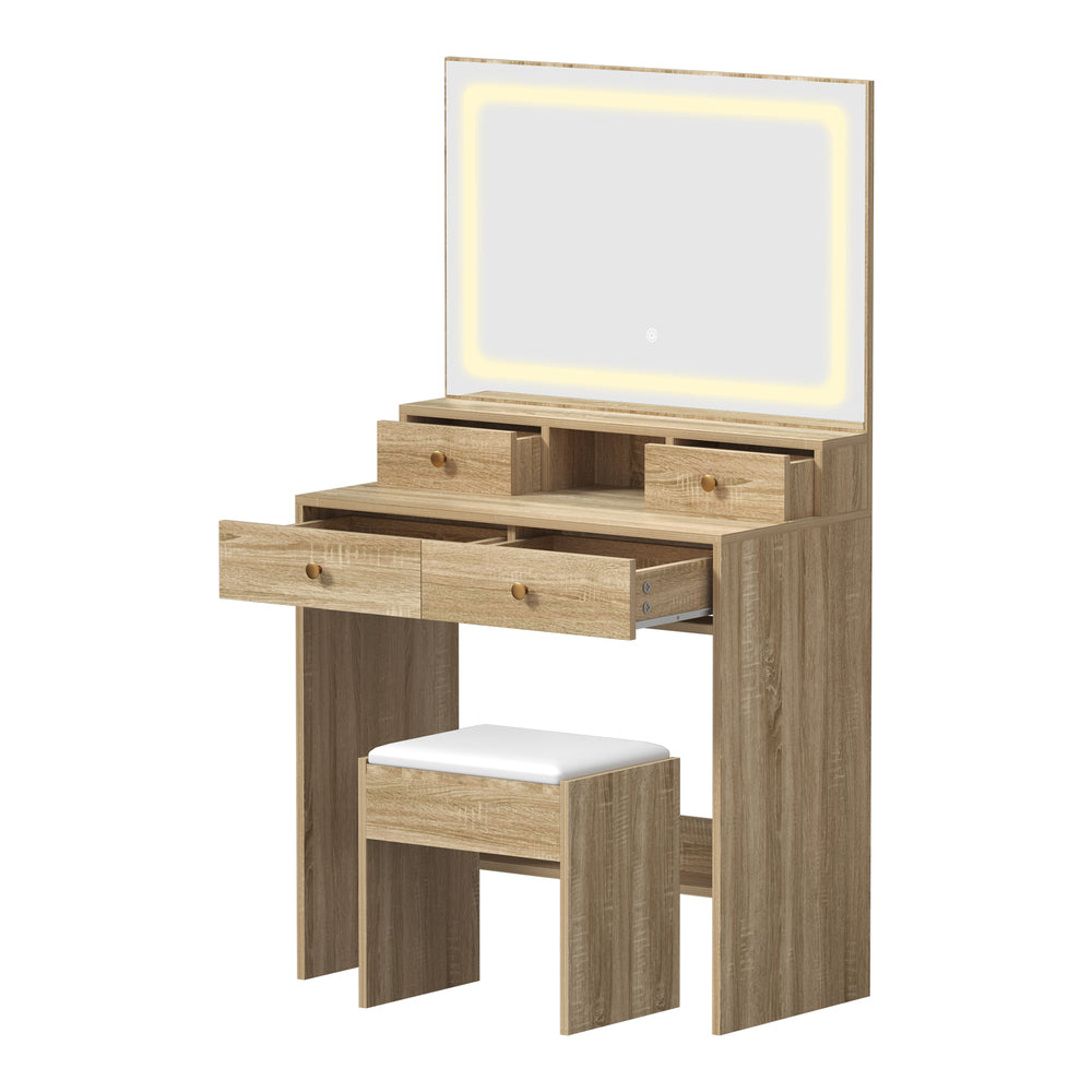 Oikiture Dressing Table Stool Set LED Mirror Natural
