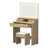 Oikiture Dressing Table Stool Set LED Mirror Natural - Rear View