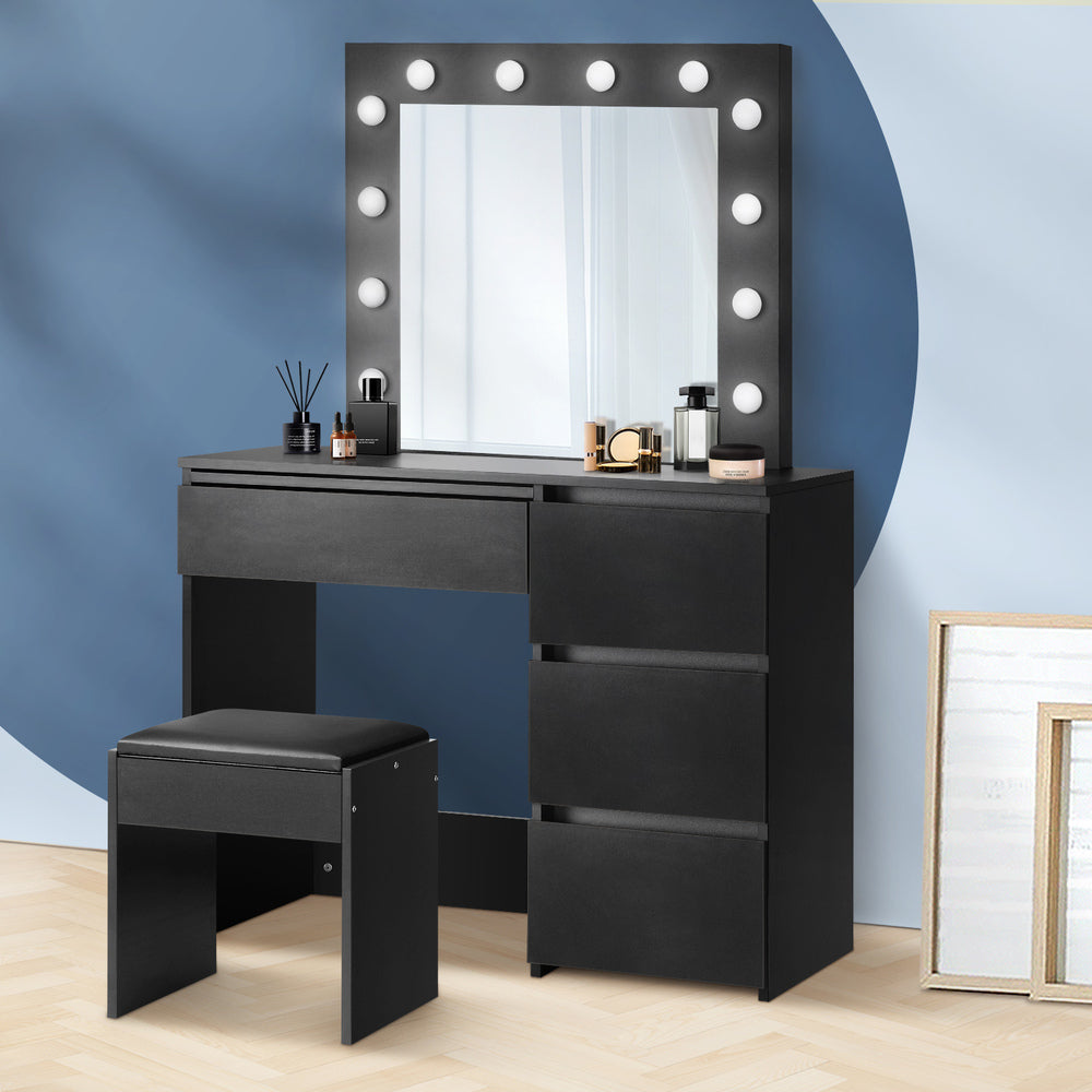 Oikiture Dressing Table Stool Set with 12 Bulbs Mirror Black