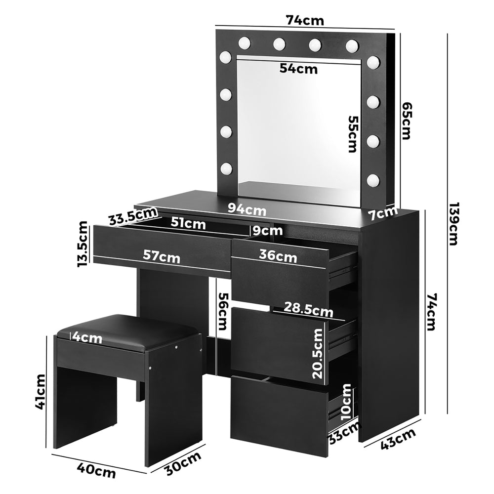 Oikiture Dressing Table Stool Set with 12 Bulbs Mirror Black