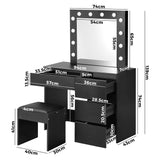 Oikiture Dressing Table Stool Set with 12 Bulbs Mirror Black - Close-Up Angle