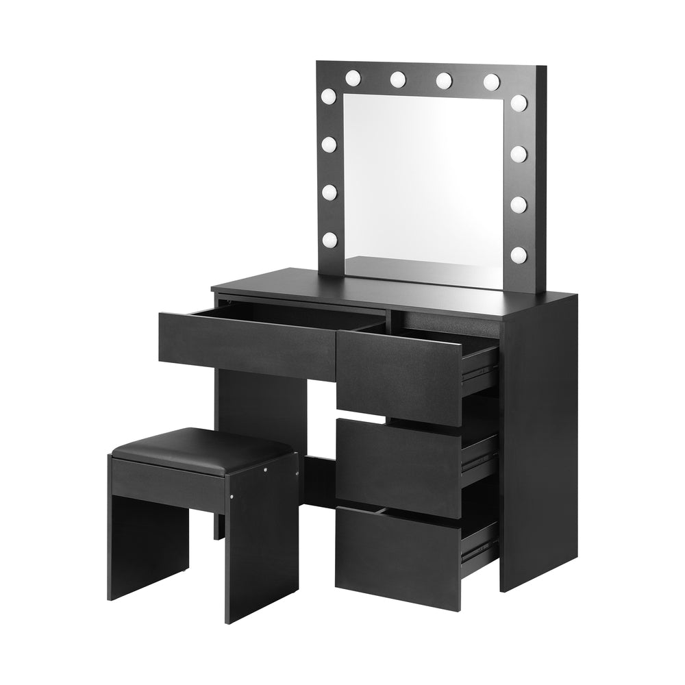 Oikiture Dressing Table Stool Set with 12 Bulbs Mirror Black