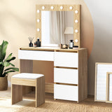Oikiture Dressing Table Stool Set 12 LED Bulbs Mirror Wooden&White