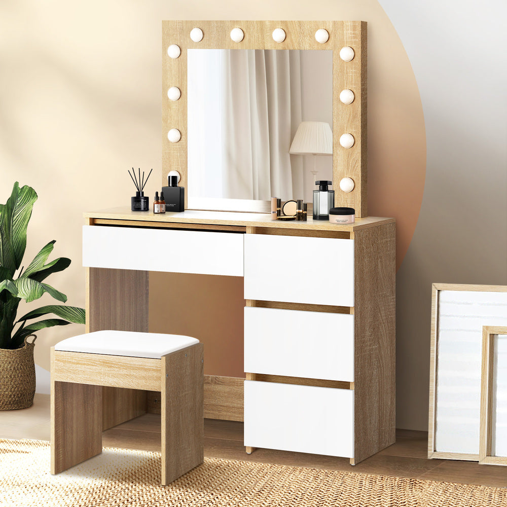 Oikiture Dressing Table Stool Set 12 LED Bulbs Mirror Wooden&White