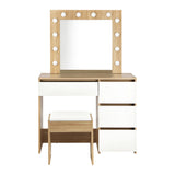 Oikiture Dressing Table Stool Set 12 LED Bulbs Mirror Wooden&White - Rear View