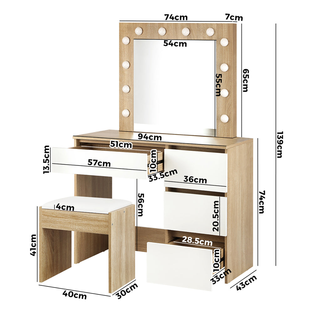 Oikiture Dressing Table Stool Set 12 LED Bulbs Mirror Wooden&White