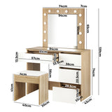 Oikiture Dressing Table Stool Set 12 LED Bulbs Mirror Wooden&White - Side View