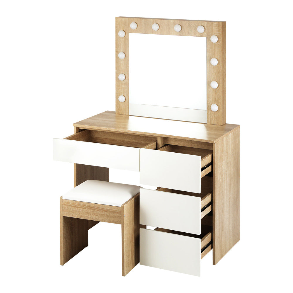 Oikiture Dressing Table Stool Set 12 LED Bulbs Mirror Wooden&White